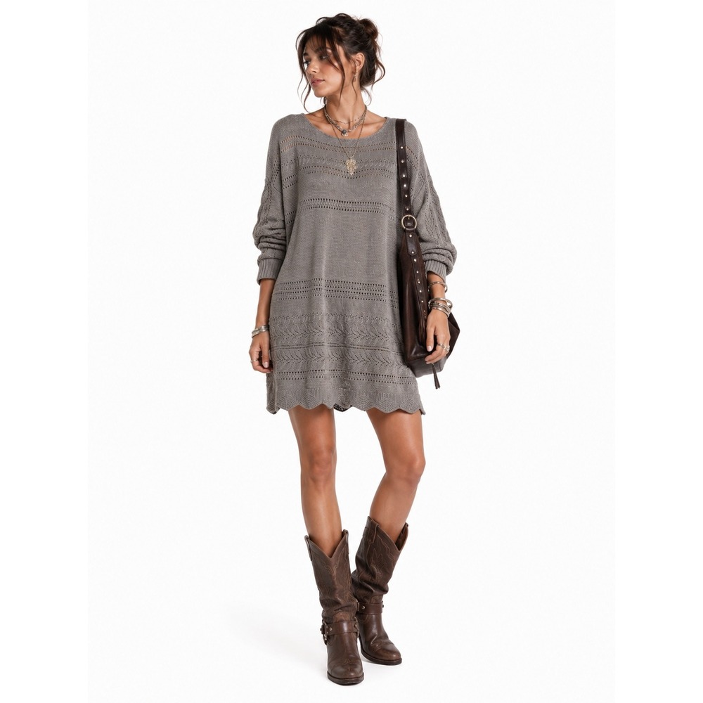 Sundance Lovely Days Pointelle Tunic Dress XL Gray Cotton Silk Boho Lagenlook